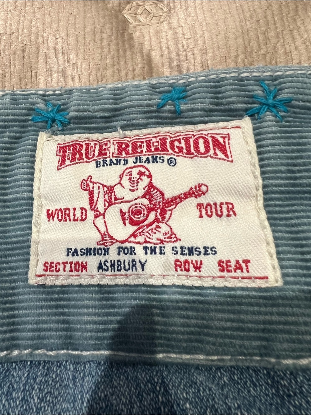 True Religion Blue Flare Jeans with Mushroom & Tree Appliqués - Picture 4 of 9